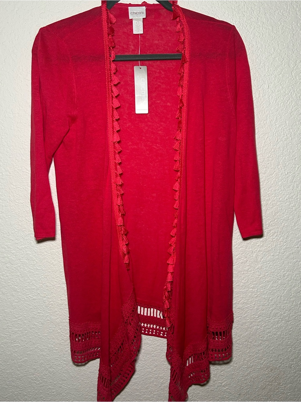 Chico's Women’s Red Open-Front Crochet Hem Cardigan Sweater Hobo Festival Whimsy - Picture 2 of 8